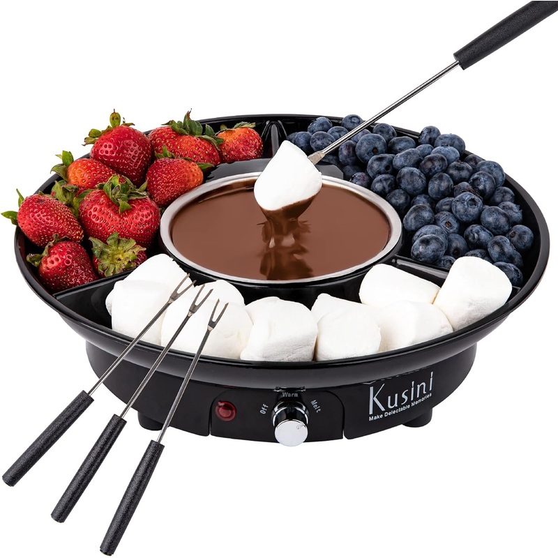 Electric Fondue Pot Set – Chocolate Fondue Kit – Temperature Control, Detachable Serving Trays, & 4 Roasting Forks – Gift Set & Date Night Idea. Serve at Movie Night or Game Night. | Bigbigmart.com