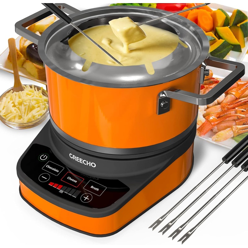 GREECHO Fondue Pot Electric Set, 2.6 Qt Stainless Steel Electric Fondue Pot with 3 Preset Mode (Cheese, Chocolate & Broth), 1200W Fondue Pot Set with Separated Fondue Pot & 6 Color-Coded Forks, Orange | Bigbigmart.com