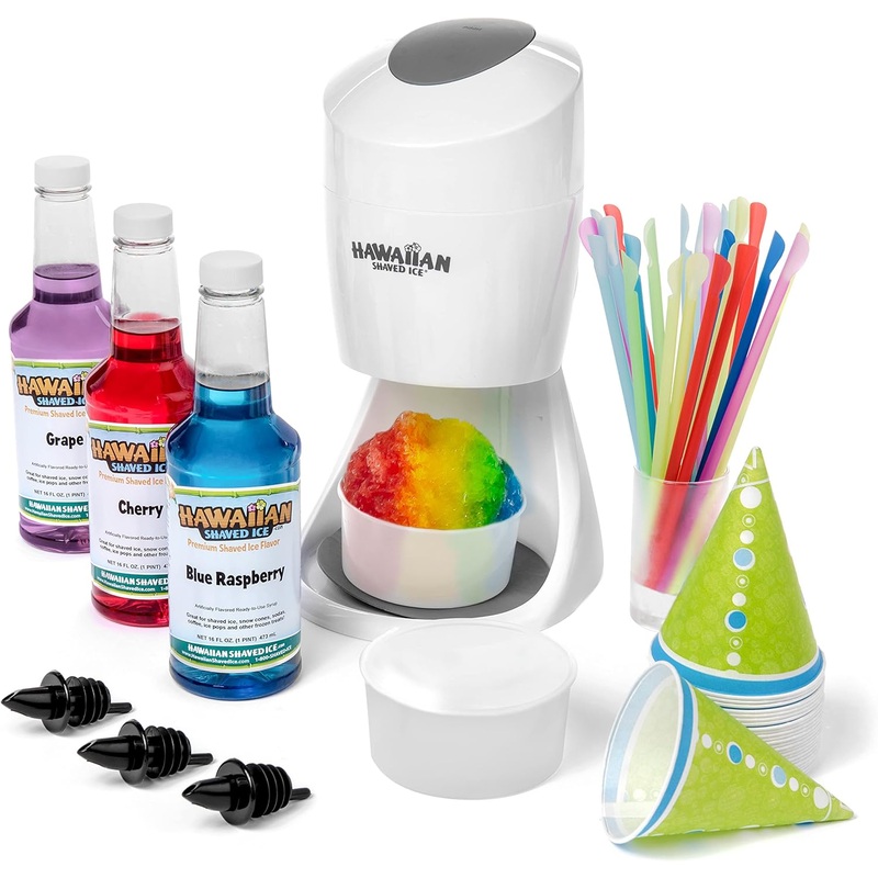 Hawaiian Shaved Ice Machine Kit – 3 Flavors, 25 Cups, Straws, Pourers, Ice Molds | Bigbigmart.com