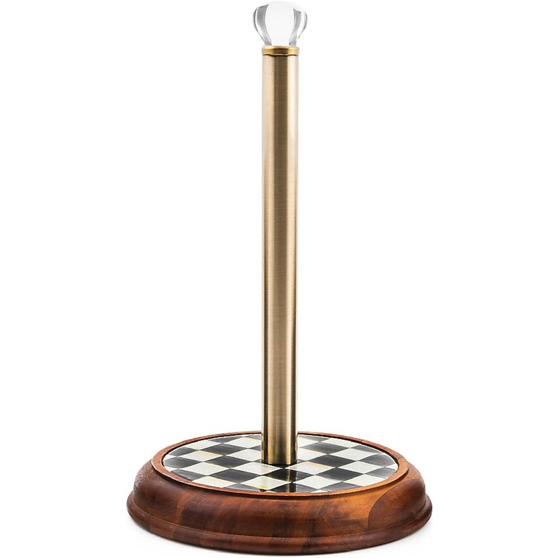 MACKENZIE-CHILDS Wood Paper Towel Holder, Decorative Paper Towel Holder for Kitchen, Black-and-White Courtly Check | Bigbigmart.com