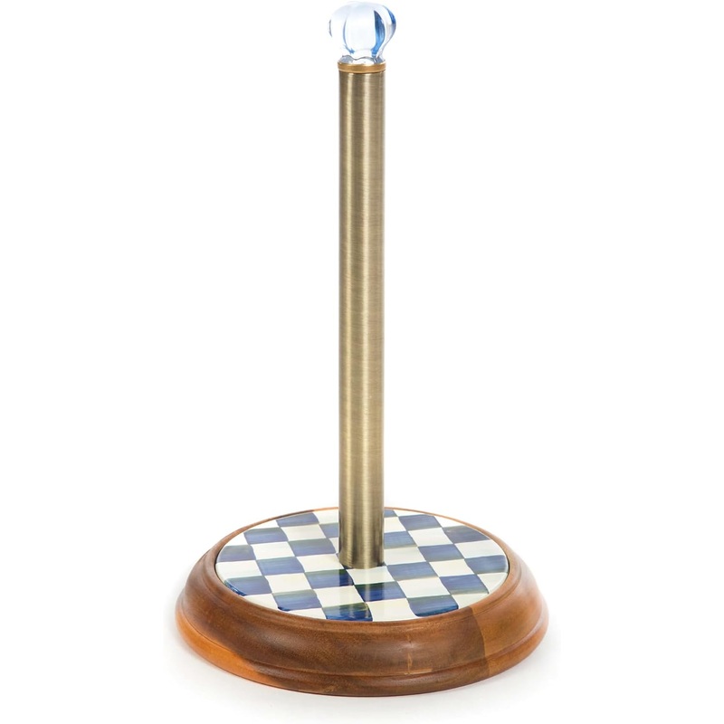 MACKENZIE-CHILDS Wood Paper Towel Holder, Decorative Paper Towel Holder for Kitchen, Blue-and-White Royal Check | Bigbigmart.com
