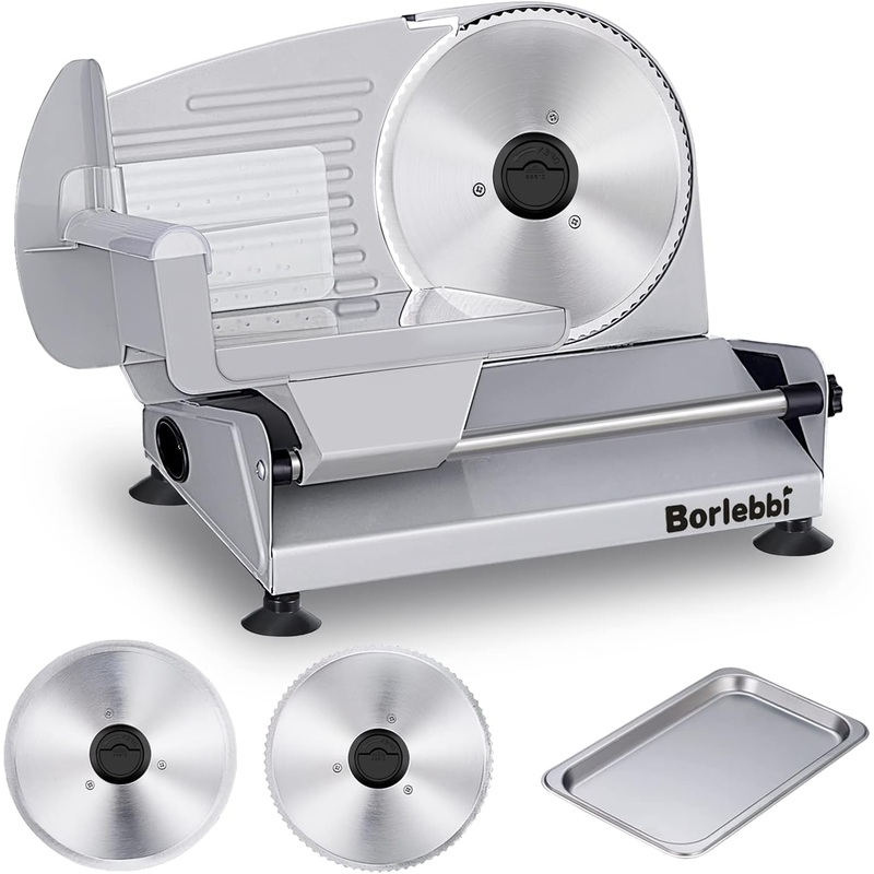 Meat Slicer, 200W Electric Food Slicer with 2 Removable 7.5 Stainless Steel Blades and Stainless Steel Tray, Child Lock Protection, Adjustable Thickness, Food Slicer Machine for Meat Cheese Bread | Bigbigmart.com