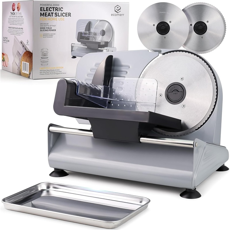 Meat Slicer, 200W Powerful Electric Food Slicer-Deli Meat Slicer Machine for Home Use for, Cheese, Bread, Vegetables-2 Round 7.5 Stainless Steel Blade, Child Lock Protection & Adjustable Thickness | Bigbigmart.com