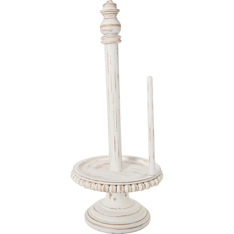 Mud Pie 47100002 Farmhouse Washed Beaded Wood Pedestal Paper Towel Holder, 16 x 6 Dia, White, Grey | Bigbigmart.com