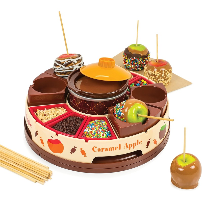 Nostalgia Chocolate & Caramel Fondue Pot, 25 Sticks, Fondue Machine with Decorating and Toppings Trays, Brown | Bigbigmart.com