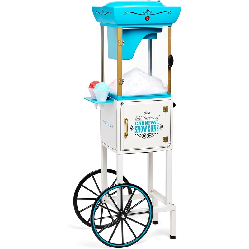 Nostalgia Snow Cone Shaved Ice Machine – Retro Cart Slushie Machine Makes 48 Icy Treats – Includes Metal Scoop, Storage Compartment, Wheels for Easy Mobility – White, Blue | Bigbigmart.com