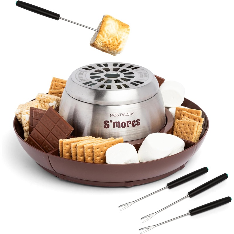 Nostalgia Tabletop Indoor Electric S’mores Maker – Smores Kit With Marshmallow Roasting Sticks and 4 Trays for Graham Crackers, Chocolate, and Marshmallows – Movie Night Supplies – Brown | Bigbigmart.com