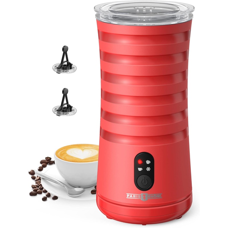 Paris Rhne Milk Frother, 4-in-1 Milk Frother and Steamer, Non-Slip Stylish Design, Hot & Cold Milk Steamer with Temperature Control, Auto Shut-Off Frother for Coffee, Latte, Cappuccino, Macchiato, Red | Bigbigmart.com