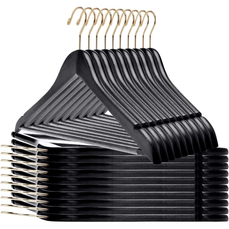 Quality Black Wooden Hangers – Slightly Curved Hanger Set of 30-Pack – Solid Wood Coat Hangers with Stylish Chrome Hooks – Heavy-Duty Clothes, Jacket, Shirt, Pants, Suit Hangers (Black-Gold Hook, 30) | Bigbigmart.com