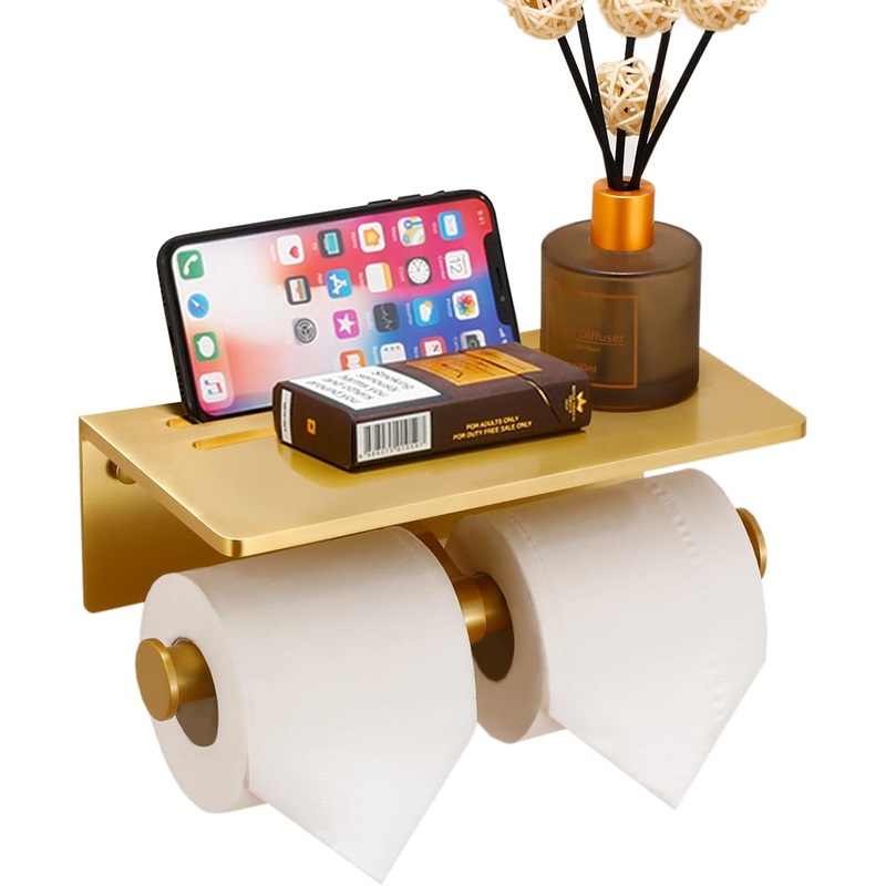 Smarthome Double Toilet Paper Holder with Shelf, Commercial Toilet Paper Roll Dispenser Wall Mount with Cell Phone Storage Rack, Aluminium Fits Mega Roll Dual Toilet Paper Tissue Holder Brushed Gold | Bigbigmart.com