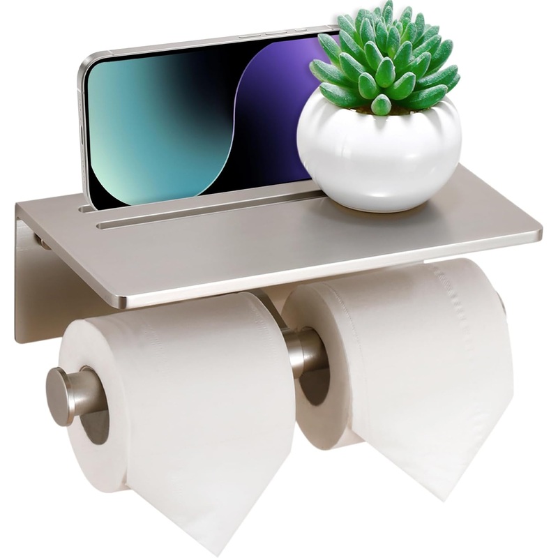 Smarthome Toilet Paper Holder – Aluminium Double Roll Toilet Tissue Holder with Mobile Phone Shelf for Bathroom, 3M Self Adhesive No Drilling or Wall-Mounted with Screws, Rustproof Modern Style Black | Bigbigmart.com