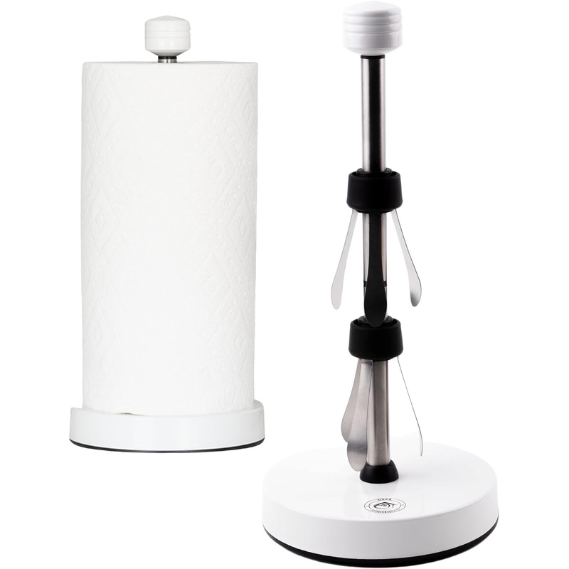 Stainless Steel White Paper Towel Holder Designed for Easy One-Handed Operation – This Sturdy Weighted Paper Towel Dispenser Countertop Model Has Suction Cups and Holds All Paper Towel Rolls | Bigbigmart.com