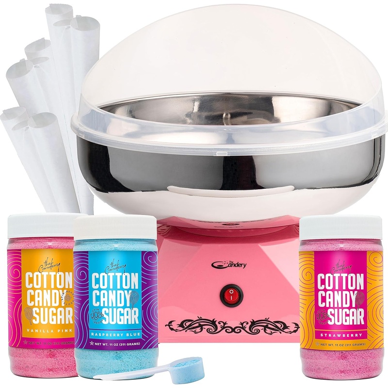 The Candery Cotton Candy Machine with Stainless Steel Bowl 2.0 and Floss Bundle- Flossing Sugar Floss Candy for Birthday Parties Fairs – Includes 3 Floss Sugar Flavors 12oz Jars and 50 Paper Cones | Bigbigmart.com