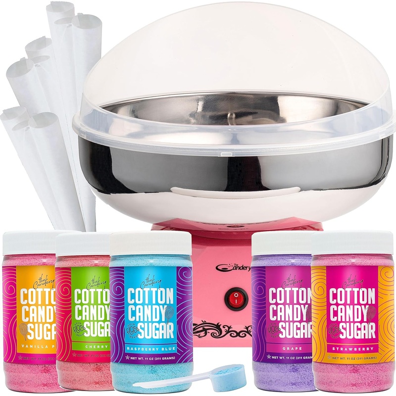 The Candery Cotton Candy Machine with Stainless Steel Bowl 2.0 and Floss Bundle- Use to Floss Sugar Floss, Candy for Birthday Parties Fairs, Festivals- Includes 5 Floss Sugar Flavors 12oz Jars and 50 | Bigbigmart.com