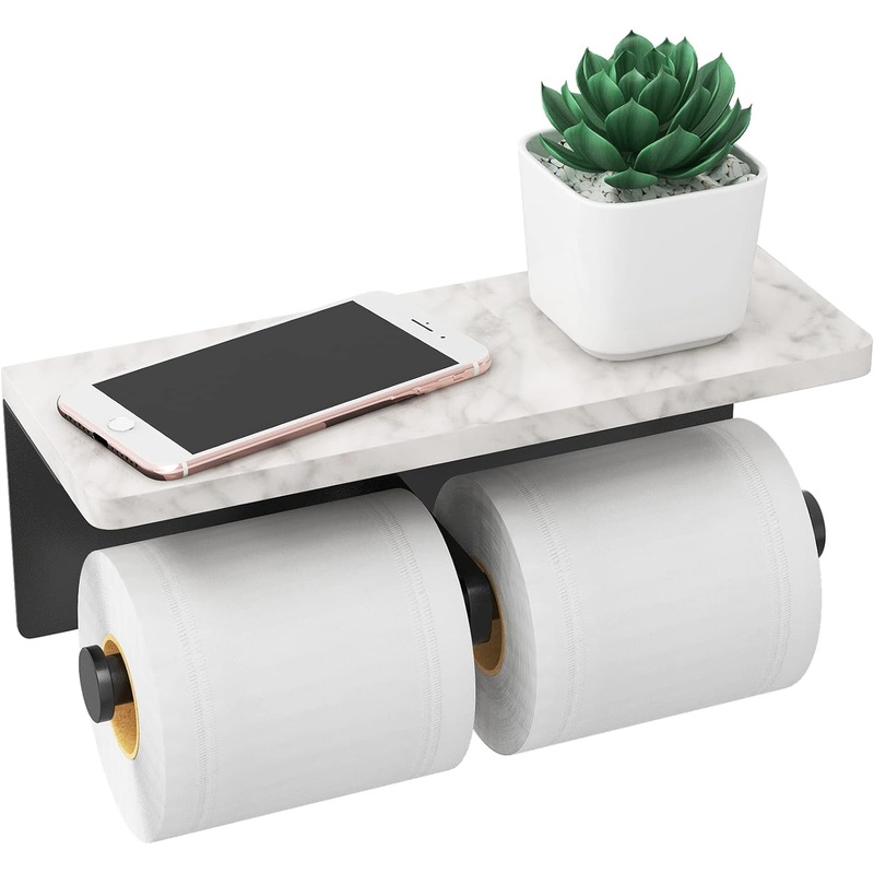 Toilet Paper Holder with Shelf, New Upgrade Double Toilet Paper Holder with Storage, Marble Roll Toilet Paper Wall Mount for Bathroom Washroom(Black) | Bigbigmart.com