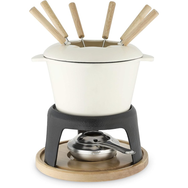 Twine Farmhouse Kitchen Enamel Cast Iron Fondue Set Cheese Melting Pot Metal Stand with Stainless Steel Forks and Chrome Gel Burner, 8.5, Off-Cream | Bigbigmart.com
