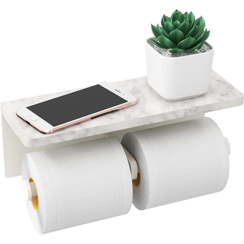 White Toilet Paper Holder with Shelf, New Upgrade Double Toilet Paper Holder with Storage, Marble Roll Toilet Paper Wall Mount for Bathroom Washroom | Bigbigmart.com