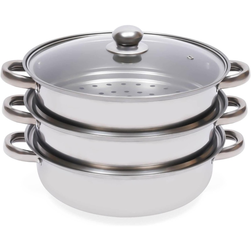 3-Tier Stainless Steel Steamer, Meat Vegetable Cooking Steam Pot Kitchen Steamer Cooker with Handle for Steaming Tamales, Veggie, Broccoli, Couscous, Pasta And Dumplings | Bigbigmart.com