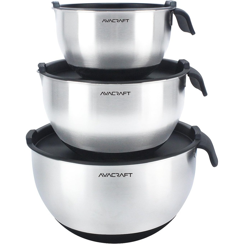 AVACRAFT 18/10 Stainless Steel Mixing Bowls with Lids, non slip silicone base bowls with Handle, Mixing Bowl Set with Pour Spouts & Measurement Marks, Home Essentials Cooking Bowls, (Black) | Bigbigmart.com