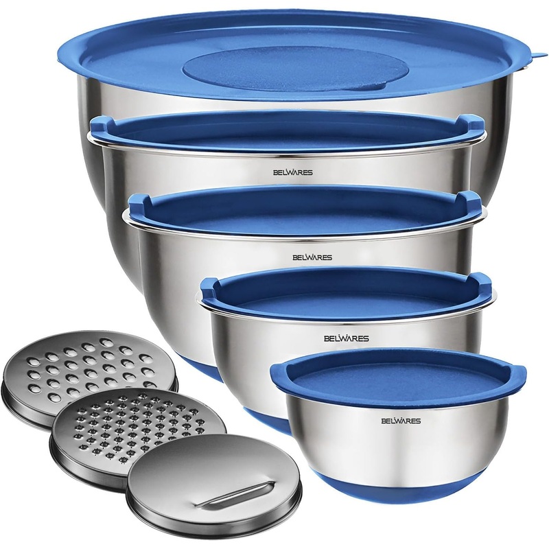 Belwares Mixing Bowls with Lids Set – Nesting Bowls with Airtight Lids + Graters – Stainless Steel Non-Slip Mixing Bowl for Baking, Food Storage and Prepping (Blue, 5-Piece Set) | Bigbigmart.com