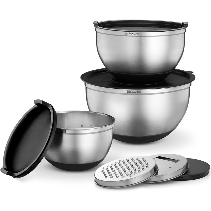 Belwares Mixing Bowls with Lids Set – Nesting Bowls with Graters, Handle, Pour Spout, Airtight Lids – Stainless Steel Non-Slip Mixing Bowl for Cooking, Baking, Prepping, Food Storage (Set of 3) | Bigbigmart.com