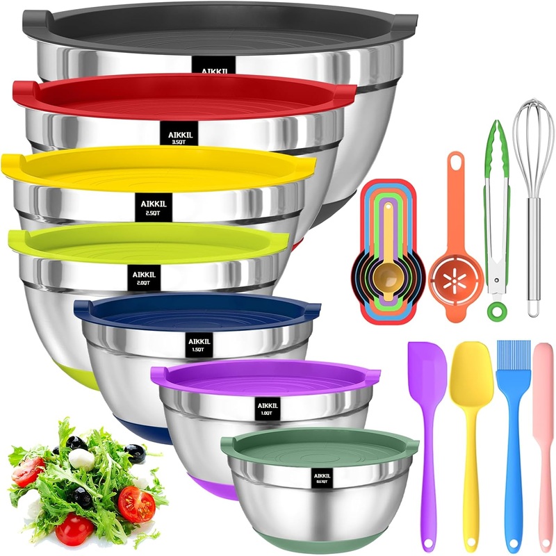 Bowls with Airtight Lids, 20 piece Stainless Steel Metal Nesting Bowls, Non-Slip Colorful Silicone Bottom, Size 7, 3.5, 2.5, 2.0,1.5, 1,0.67QT, Great for Mixing, Baking, Serving | Bigbigmart.com