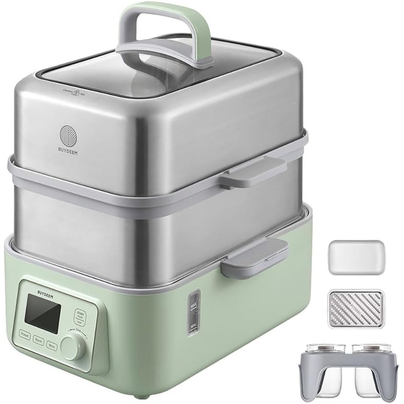 BUYDEEM G563-A501 Electric Food Steamer for Cooking, 2 Tire Stainless Steel Steamer with Slow Cook Mode, 1500W, 10-Quart, Green | Bigbigmart.com