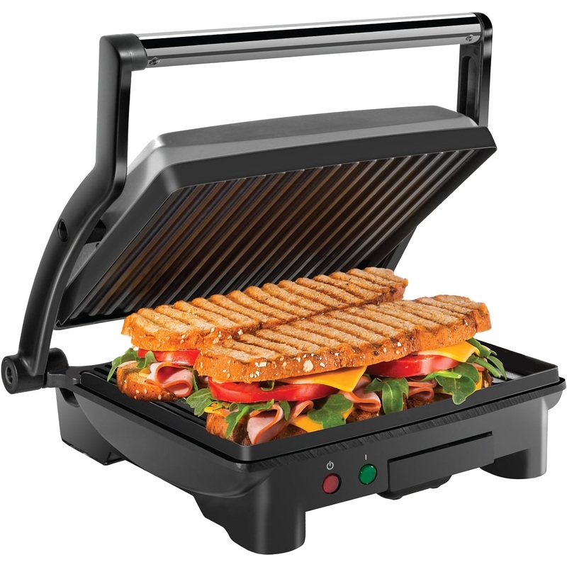 Chefman Panini Press Grill and Gourmet Sandwich Maker Non-Stick Coated Plates, Opens 180 Degrees to Fit Any Type or Size of Food, Stainless Steel Surface and Removable Drip Tray, 4 Slice, Black | Bigbigmart.com