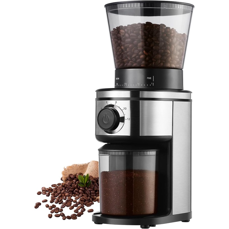 Coffee Bean Burr Grinder Electric, Burr Mill Conical Coffee Grinder With 30 Adjustable Grind Settings For 2-12 Cups, Sliver & Black | Bigbigmart.com