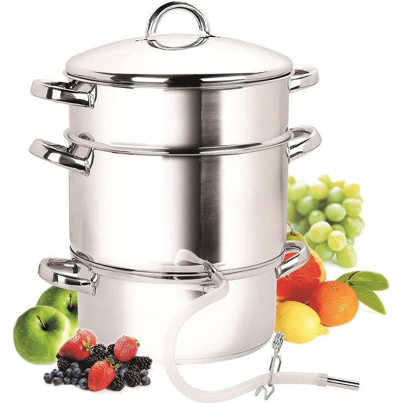 Cook N Home Basics Canning Juice Steamer Extractor With water/cooking pan, juice pan, strainer/loading pan, lid, and hose with clamp , 11-Quart, Mirror Satin, Stainless Steel | Bigbigmart.com