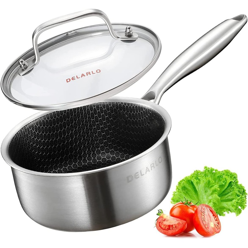 DELARLO Tri-Ply Hybrid Stainless Steel Sauce Pan Sauce Pot, Small Saucepan With Glass Lid, Nonstick Honeycomb Induction Saucier Pot Cookware, Dishwasher Safe & Oven Safe(1.5 Quart) | Bigbigmart.com