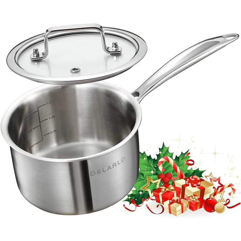 DELARLO Tri-Ply Stainless Steel Small Saucepan With Lid, Induction Cooking Sauce Pot Sauce Pans, Heavy Bottom Saucier Pot Cookware, Dishwasher Safe & Oven Safe(2.5 Quart) | Bigbigmart.com