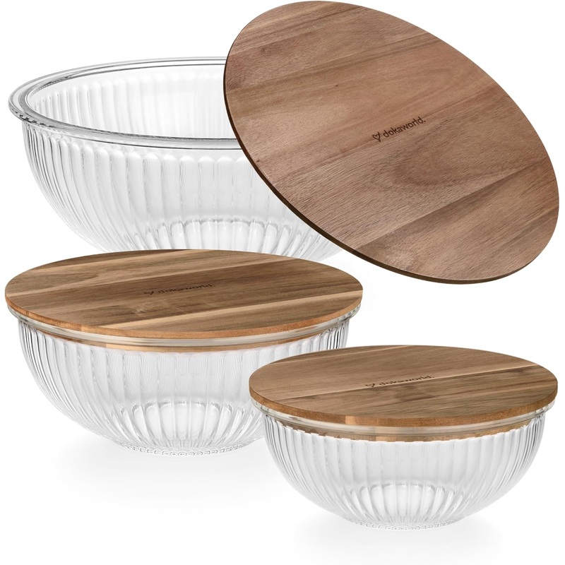 Glass Mixing Bowls – Nesting Bowls – Cute Collapsible Glass Bowls With Lids Food Storage – 3 Stackable Microwave Safe Glass Containers – Salad Acacia Baking Glass Bowls Set For Kitchen | Bigbigmart.com