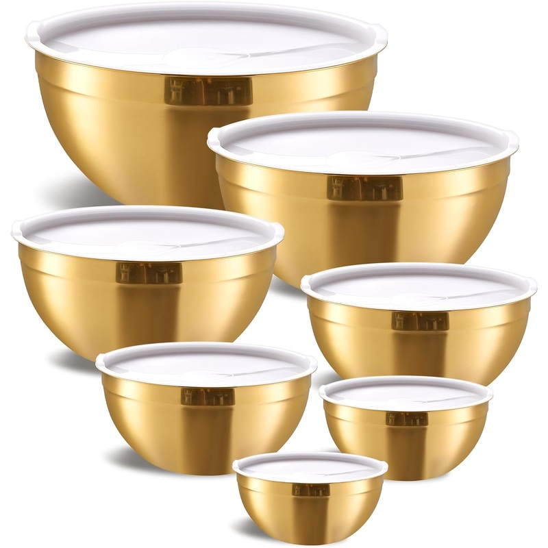 Gold Mixing Bowls with Airtight Lids, Stainless Steel Nesting Mixing Bowls Set of 7, Ideal for Baking, Prepping and Serving Food, Size 7, 3.6, 2.7, 2.1, 1.5, 1.1,0.8 QT, Stackable Design | Bigbigmart.com