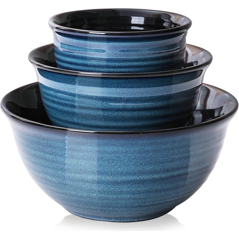 Hasense Large Mixing Bowls Set for Kitchen, Ceramic Serving Dishes for Entertaining, 2.1/1.0/0.5 Qt Deep Microwave Safe Nesting Batter Bowl for Storage and Baking, Blue | Bigbigmart.com