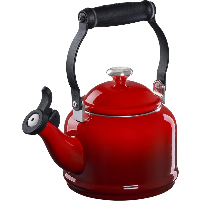 Le Creuset Enamel On Steel Demi Tea Kettle with Metal Finishes, 1.25 qt, Cerise | Bigbigmart.com