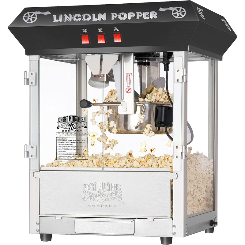 Lincoln Popcorn Machine – 8oz Popper with Stainless-Steel Kettle, Reject Kernel Tray, Warming Light and Accessories by Great Northern Popcorn (Black) | Bigbigmart.com