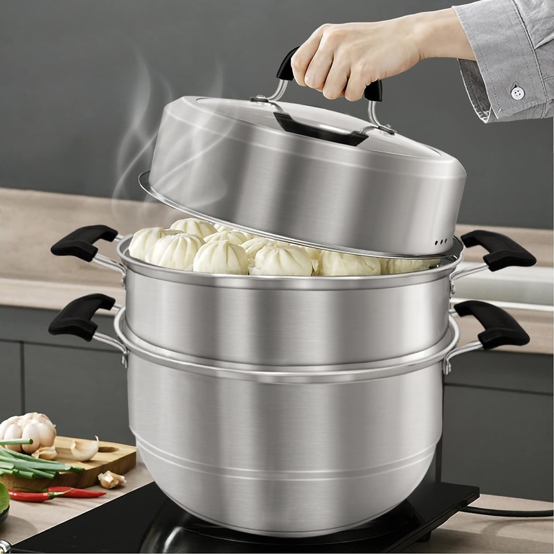 MANO Steamer Pot for Cooking 11 inch Steam Pots with Lid 2-tier Multipurpose Stainless Steel Steaming Pot Cookware with Handle for Vegetable, Dumpling, Stock, Sauce, Food | Bigbigmart.com