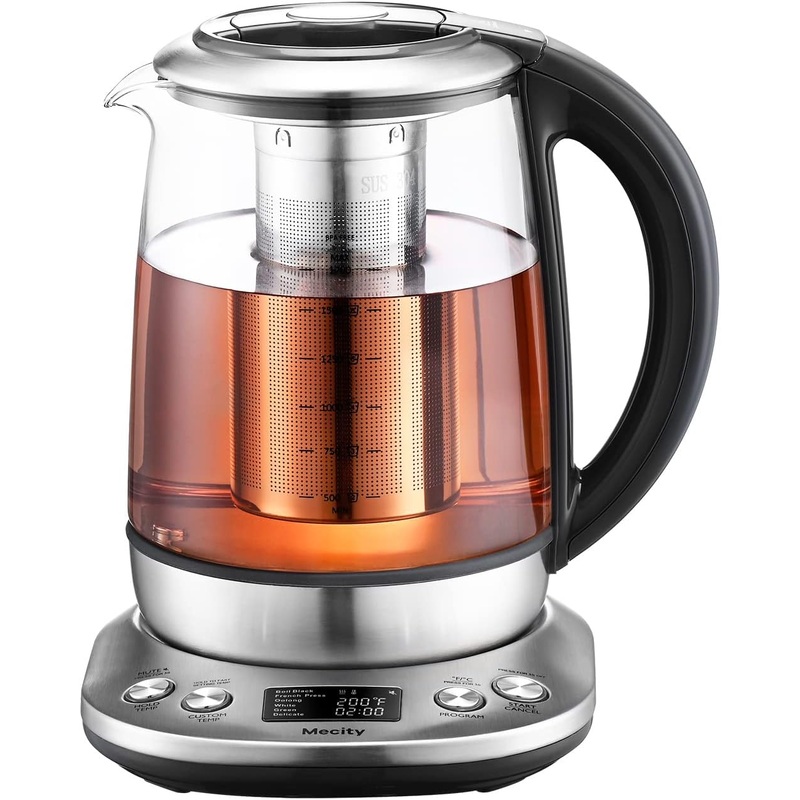 Mecity Electric Glass Tea Maker With Temperature Control and Infuser – LCD Display and Preset Brewing Programs – 1.7L Water Boiler | Bigbigmart.com