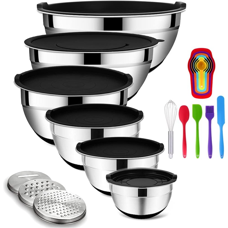 Mixing Bowls Set with Airtight Lids, 20PCS Stainless Steel, Nesting Bowls with 3 Grater Attachments & Non-Slip Bottoms, Size7, 4, 3, 2, 1.5, 1QT Bowls for Baking&Prepping | Bigbigmart.com