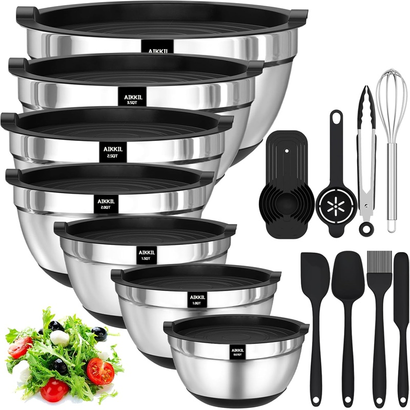 Mixing Bowls with Airtight Lids, 20 piece Stainless Steel Metal Nesting Bowls, Non-Slip Silicone Bottom, Size 7, 3.5, 2.5, 2.0,1.5, 1,0.67QT Great for Mixing, Baking, Serving (Black) | Bigbigmart.com
