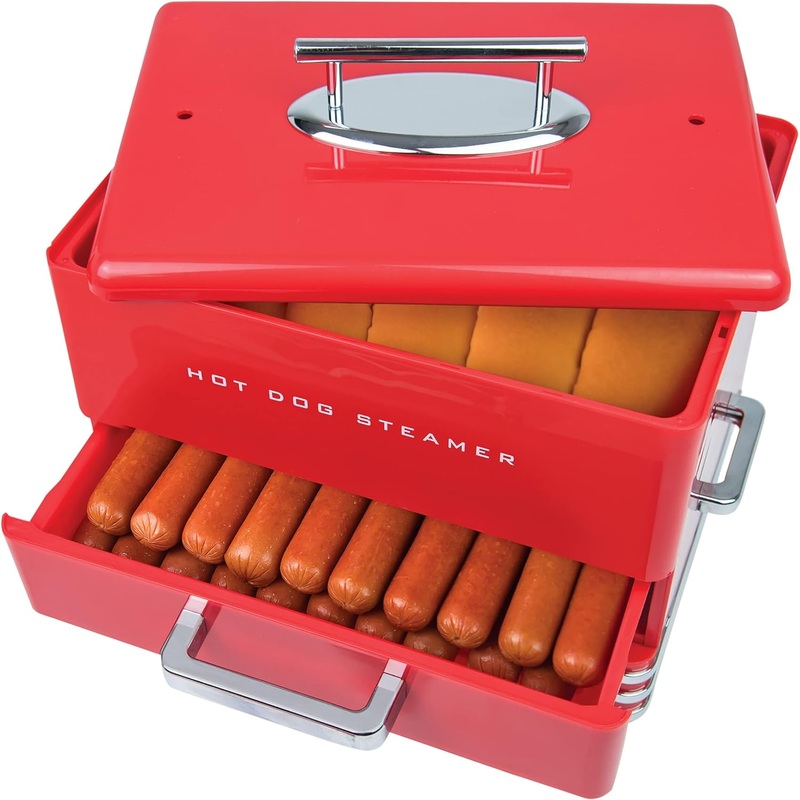 Nostalgia Extra Large Retro Classic Style Steamer Warmer, 20 Hot Dog and 6 Bun Capacity, Steam Bratwursts, Sausages, Vegetables, Fish, Dumplings, Original Red | Bigbigmart.com
