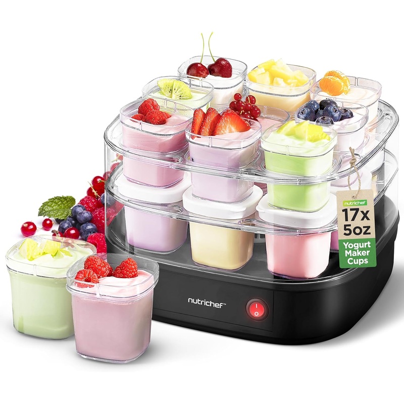 Nutrichef 17 Cup Automatic Yogurt Maker | Includes 17 – 5 oz Reusable Cups with Lids & Yogurt Rack for Instant Storage | Makes Up to 85 OZ of Yogurt | Greek Yogurt Maker | Space Saving design | Black | Bigbigmart.com