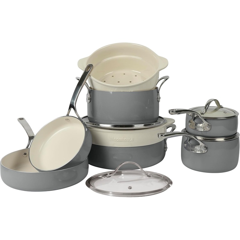 Oprah’s Favorite Things – 12 Piece Aluminum Pots and Pans Cookware Set w/Non-toxic Ceramic Non-stick, Ceramic Steamer Insert, & 12 Protective Care Bags – Agave Blue | Bigbigmart.com