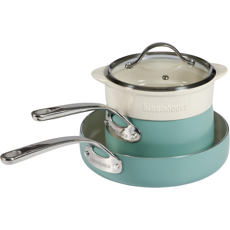 Oprah’s Favorite Things – 4-Piece Heavy-Gauge Aluminum Pots and Pans Cookware Set w/Non-Stick Non-Toxic Ceramic Interior and Ceramic Steamer Insert Sage Green | Bigbigmart.com