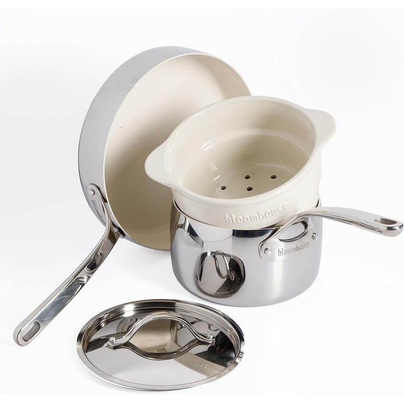 Oprah’s Favorite Things – 4-Piece Triply Stainless Steel Pots and Pans Cookware Set w/Non-Stick Non-Toxic Ceramic Interior and Ceramic Steamer Insert | Bigbigmart.com