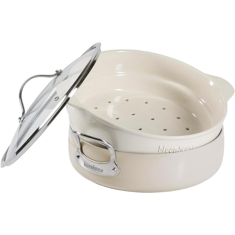 Oprah’s Favorite Things – 6-QT Aluminum Enamel Everyday Pan w/Non-Stick Non-Toxic Ceramic Interior and Ceramic Steamer Insert – Oat White | Bigbigmart.com