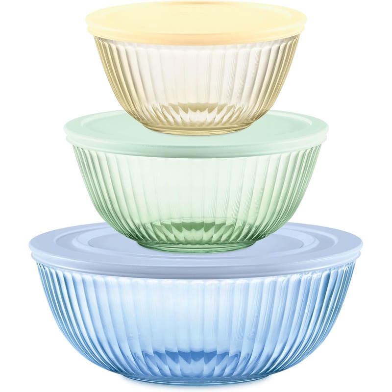 Pyrex Colors (3-Pack, Full Set) Sculpted Tinted Glass Mixing Bowls With Lids, Nesting Space Saving Set of Bowls For Prepping and Baking, 1.3QT, 2.3QT & 4.5Q | Bigbigmart.com