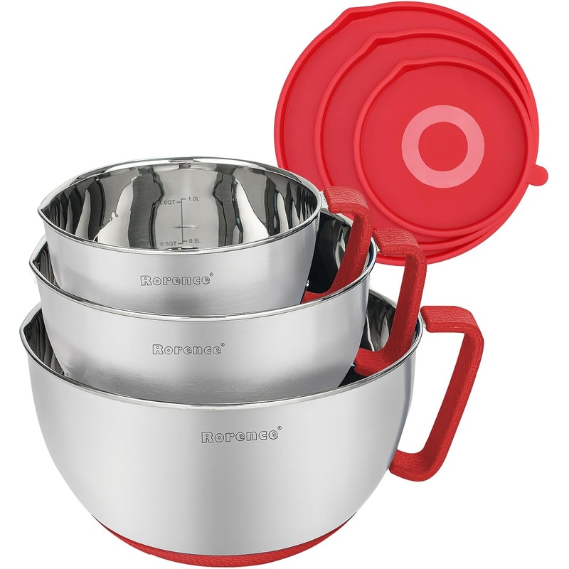 Rorence Mixing Bowls with Lids Set: Stainless Steel Mixing Bowls with Handles, Non-Slip Bottom & Pour Spout – Red, 3 quarts | Bigbigmart.com