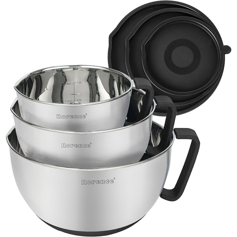 Rorence Stainless Steel Non-Slip Mixing Bowls With Pour Spout, Handle and Lid, Set of 3, Black | Bigbigmart.com